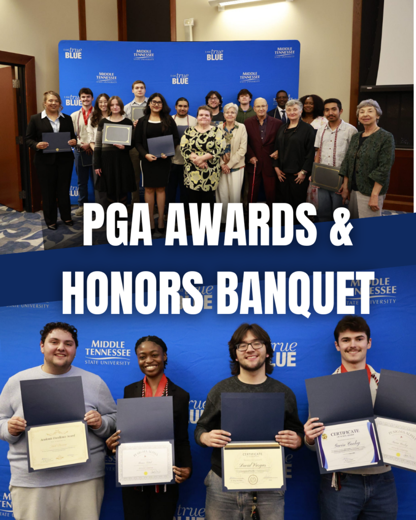 PGA Awards with students standing with their certificates in front of a MTSU blue backdrop. 