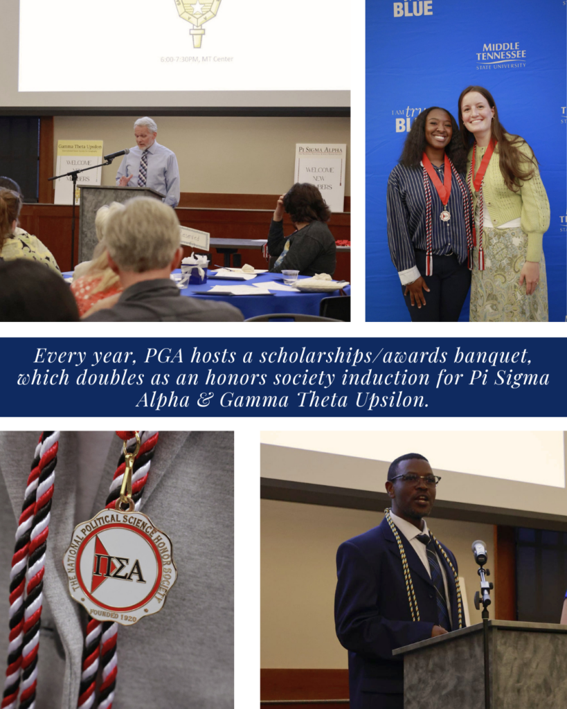 Professor giving a speech in top left corner. The top right corner has two students posing in front of MTSU backdrop with their awards. Bottom left is a Pi Sigma Alpha logo cord. Bottom right is a professor giving a speech.