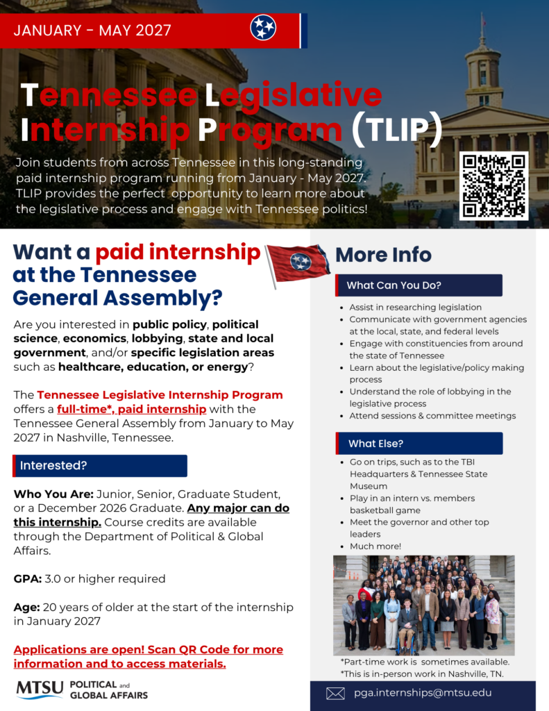 Join students from across Tennessee in this long-standing paid internship program running from January - May 2027. TLIP provides the perfect opportunity to learn more about the legislative process and engage with Tennessee politics!