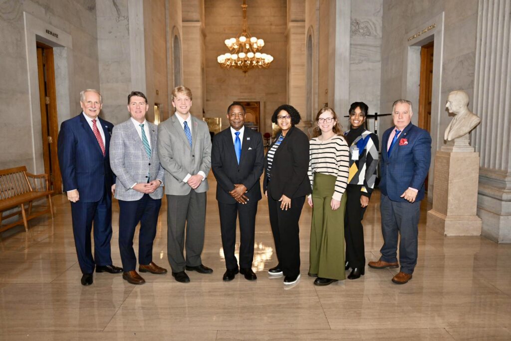 MTSU students participating in Spring 2026's Tennessee Legislative Internship Program with the Tennessee General Assembly gather with university leaders and Rutherford County's legislative delegation for a photo during the university's annual "Day on the Hill" at the state Capitol in Nashville.