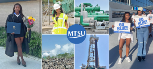 Collage of photos from student's journey at MTSU and beyond, including graduation ceremony, on the energy site, at a football game