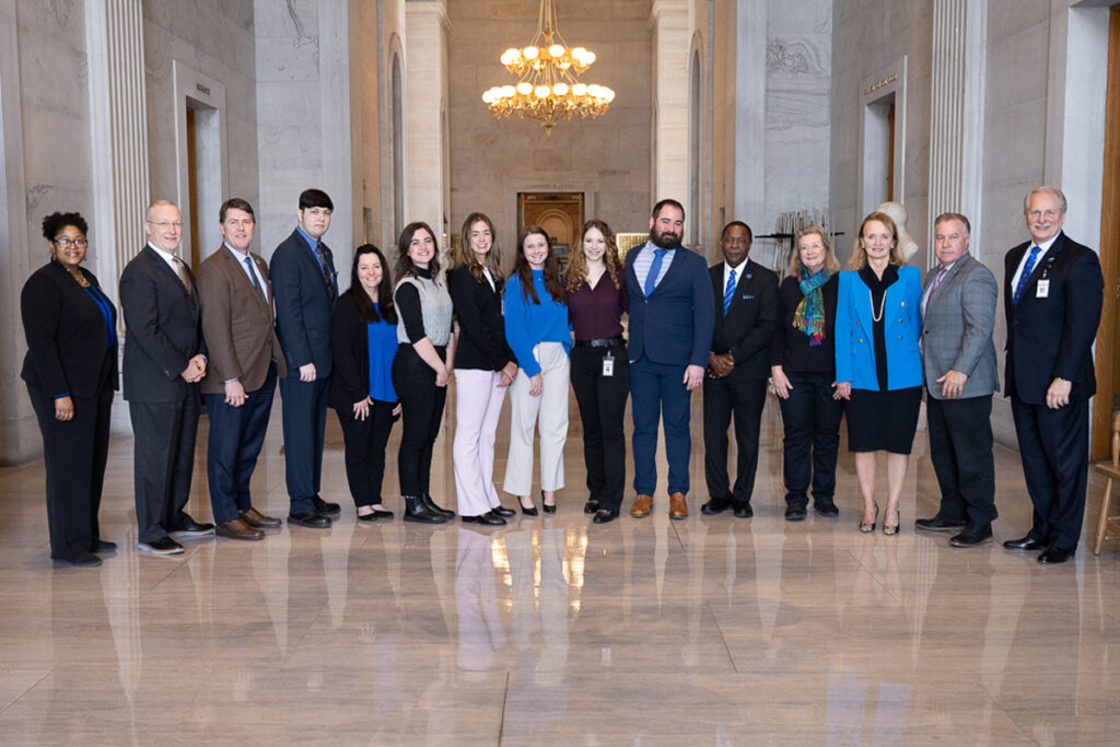 MTSU students participating in Spring 2024's Tennessee Legislative Internship Program with the Tennessee General Assembly gather with university leaders and Rutherford County's legislative delegation for a photo during the university's annual "Day on the Hill" at the state Capitol in Nashville.